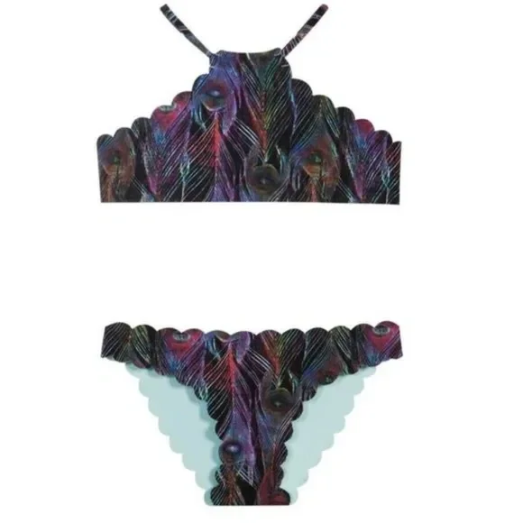 NWT PilyQ Girls Plume High Neck Scalloped Edge Reversible Two Piece Bikini - Picture 2 of 2